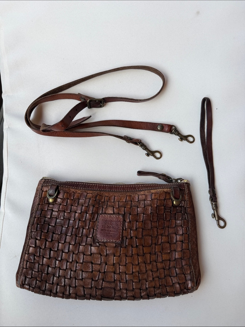 Campomaggi Woven Bag crossbody Pochette convertible brown cognac purse leather
